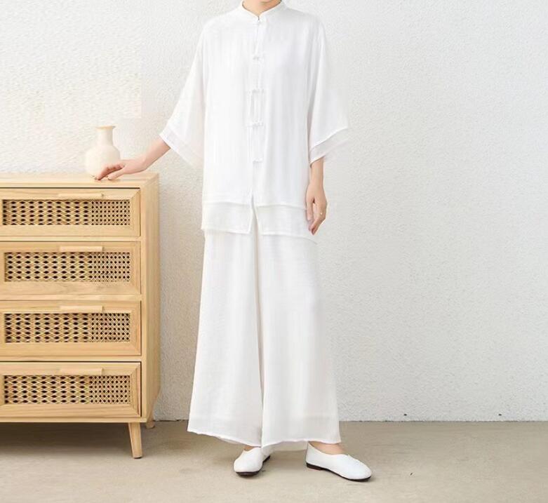 7分袖レディース太極拳服 綿麻　漢服上下セットアップ　チャイナ風　ジョッキング...