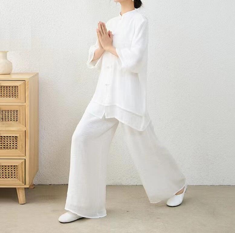 7分袖レディース太極拳服 綿麻　漢服上下セットアップ　チャイナ風　ジョッキング...