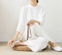 7分袖レディース太極拳服 綿麻 漢服上下セットアップ チャイナ風 ジョッキング 中華ボタンシャツ 女性用 表演服 練習服 カンフー綿麻 ルームウェア ヨガ練習着...