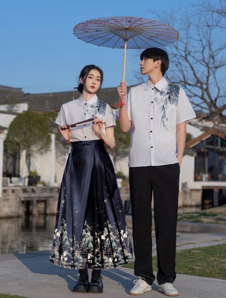 カップルペア漢服　夏初中高生大学生お揃い衣装 イベント 改良中華風トップスロング丈プリーツスカート　メンズパンツセット　合唱団 普段着 舞台演出服 部活卒業式入学式夏新作ペアルック ハロウィン コスチューム ダンス