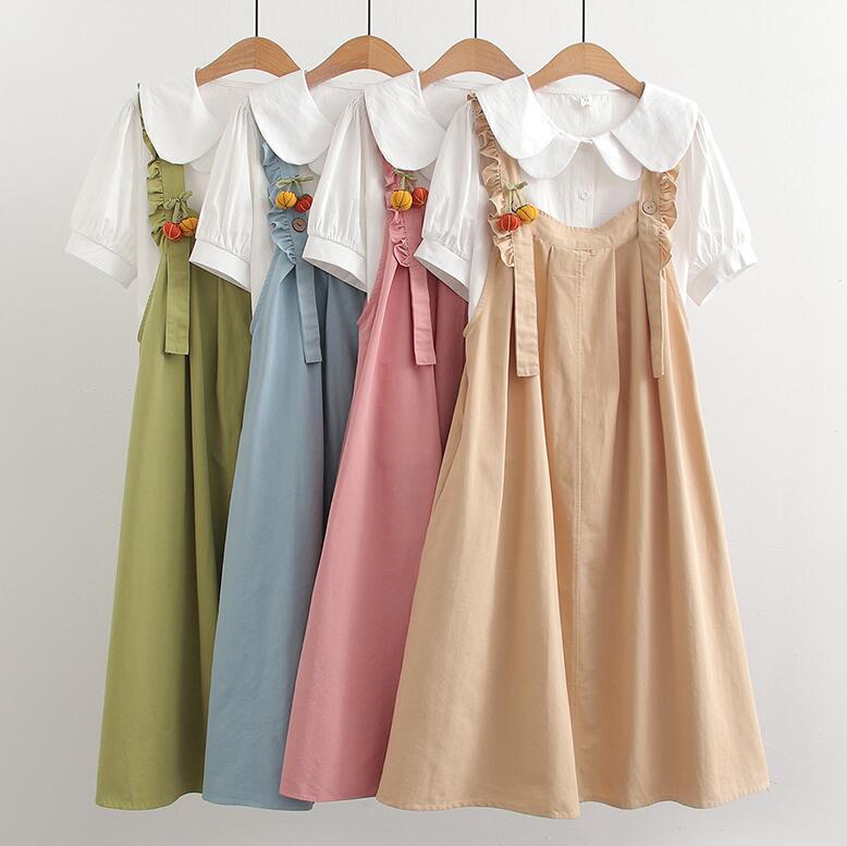 로리타부라우스사로펫토 2 점 세트 숲 소녀 귀여운 레이디스 오버 올 플레어 원피스 점퍼 스커트 일본계 학원 바람 올인원 캐주얼 중고생 일본계 청신 봄 여름
