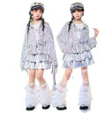 女の子ダンス衣装 スパンコール長袖シャツ シルバー3重フレアスカート2/3/4/5点セットアップ スパンコールキッズ舞台ダンスウェア チアダンス服 子供ヒップホップジャズダンスウェア 舞台演出服 イベント キッズステージ演出hiphopjazzウェア