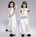 子供ダンス衣装社交ジャズダンスウェア 臍出し女の子タンクトップ 夏ダメージパンツ上下2点セット ノースリーブtシャツ チアダンス服 子供ヒップホップジャズダンスウェアhiphopjazz