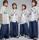 子供ダンス衣装 半袖ストライプシャツロング丈デニムパンツ2点/3点セットアップゆったり男女兼用舞台演出服 ヒップホップジャズダンスウェア カーディガン卒業式入学式イベントコスチューム