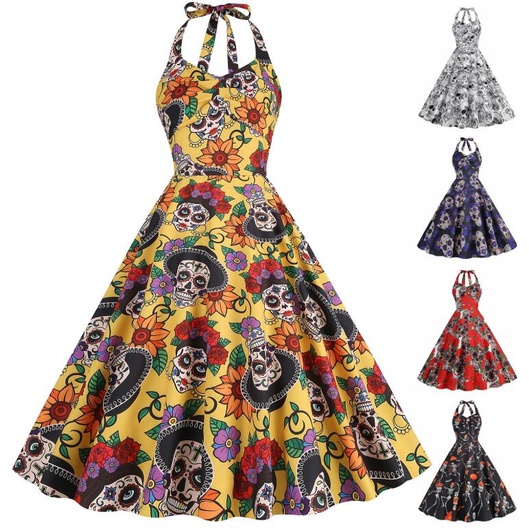 ハロウィンドレス レトロワンピース ハロウィンコスプレ ワンピース 髑髏柄 レディース 膝丈 大きい