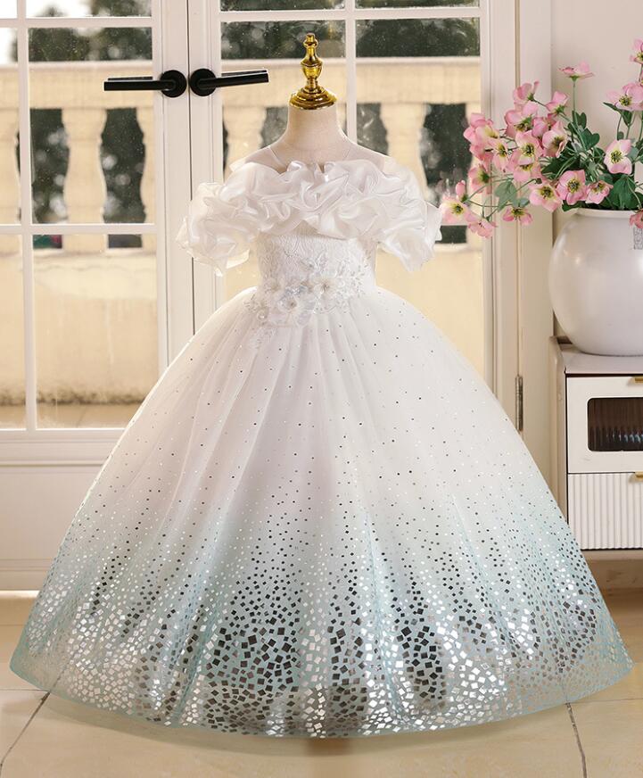 子供パーティードレス スパンコールフォーマルドレス　夏キッズ用お嬢風ドレス　リボン女の子ジュニアドレス　グラデーション　マキシ丈　ハイウエスト 結婚式　発表会 演奏会　ピアノ　七五三