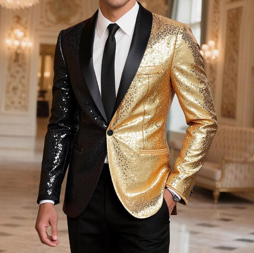 Tailored Jacket - メンズタキシードジャケット　目立つスパンコールジャケット　黒+金スパンコール切り替えテーラードジャケット　カラオケ演出服ダンスウェア　ジャズダンス　jazzホストステージ衣装　公演服　団体服演奏会司会者　カラオケ
