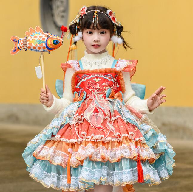 Rakuten - 可愛いロリータドレス 女の子ロリータワンピース 鯉柄 子供 ロリータワンピース バックリボン付き トレーン コスプレワンピース ロリータドレス キャミソール リボン レース 新年 ハロウィン コスプレ衣装 余興 コスプレ