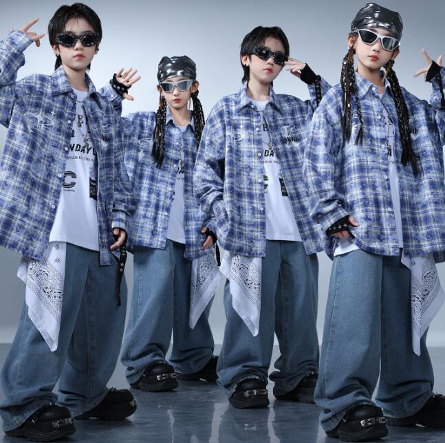 Rakuten - 子供ジャズダンス衣装 キッズ舞台ダンスウェア チェック柄シャツ デニムパンツ 春秋女の子/男の子ヒップホップジャズダンス衣装 HIPHOPJAZZガールズ キッズチアダンス服　ジャズダンス キッズステージ衣装　チアリーディング