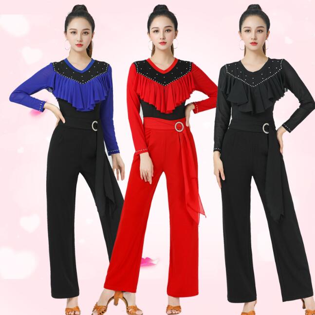 Rakuten - ラテン ダンス衣裳 モダンダンス衣装 レディース Vネックフリル長袖トップス ガウチョパンツ上下2点セットアップ モダンダンス衣装 スパンコール フィット 大人 舞台ステージ衣装 練習着 レッスンウェア トレーニング社交ダンスウェア