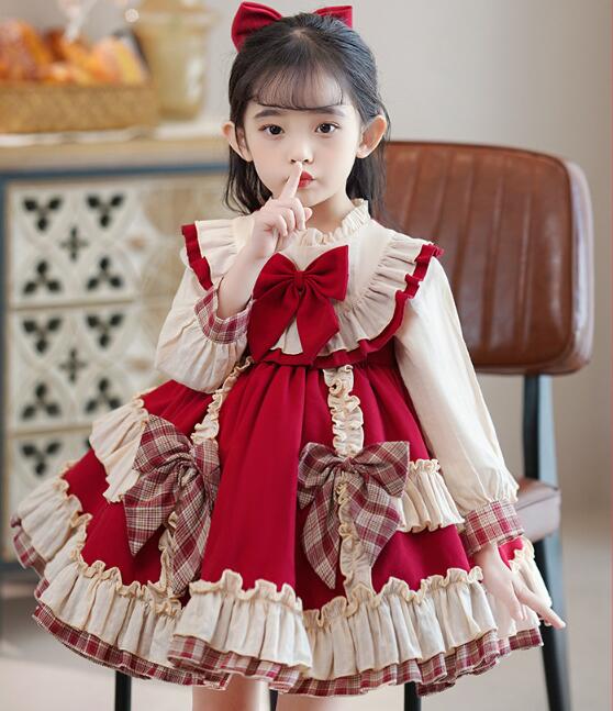 Rakuten - 子供 ロリータ ワンピース 長袖 お姫様ドレス ゴスロリ＆ロリータ ドレス リボン クリスマス 女の子 膝丈 lolita チェック柄リボン フリル 可愛い 子供服 キッズ ロリータ ワンピース　春秋