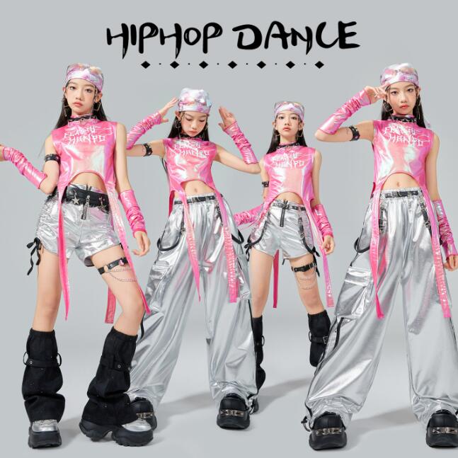 Rakuten - 子供 ジャズダンス衣装　女の子臍だしtシャツ ノースリーブトップス PU生地 子供 ヒップホップジャズダンス衣装 チアダンス チアガール 夏舞台演出服 キッズjazzhiphopダンスウェア 女の子 かっこいい ステージ衣装