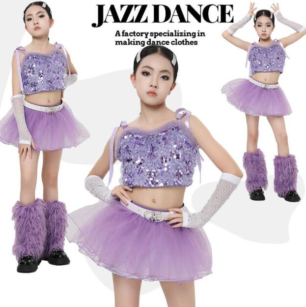 子供ジャズダンス 衣装 スパンコール女の子ファー付きトップス ベスト チュールスカート 女の子 ジャズヒップホップダンスウェア チアガール 舞台ダンス服 モデルショー キッズjazz hiphopダンス衣装