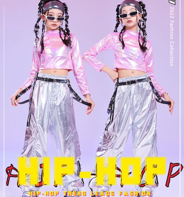 Rakuten - キッズ ダンス衣装 女の子ヒップホップダンス服 光沢長袖tシャツ puパンツ 臍出しトップス 子供服 2点セット ヒップホップ ジャズ hiphop jazz チアガール K-POP 子供 ファッション 110-180cm