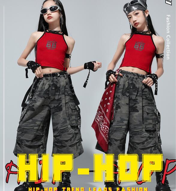 Rakuten - キッズ ダンス衣装 女の子ノースリーブtシャツ 臍出しトップス 迷彩柄パンツ 7分丈 ミリタリー 子供服 2点セット 男女兼用 ヒップホップ ジャズ hiphop jazz チアガール K-POP 子供 ファッション 110-180cm