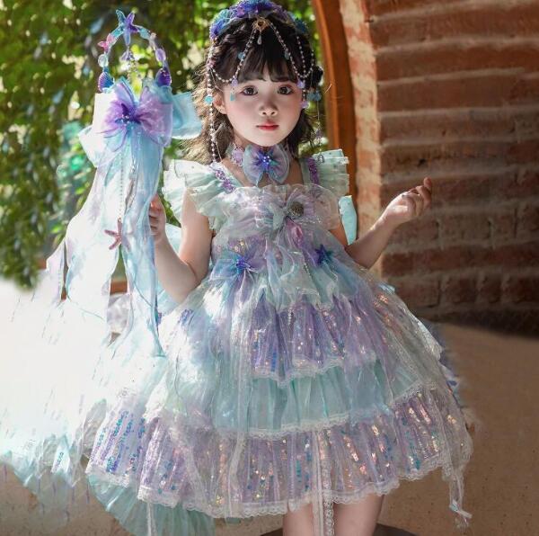 Rakuten - 女の子ロリータワンピース 人魚風ワンピース トレーン プリンセスドレス lolita洋服 可愛い子供キラキラ ロリータ洋服 重ね重ねティアードドレス 背中トレーンリボン付き 女の子 仙女 精霊 コスプレ衣装 お誕生日 プレゼント