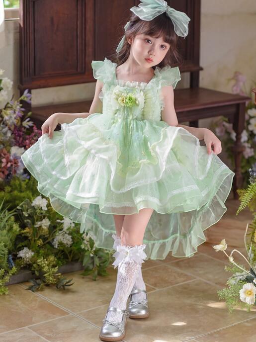 Rakuten - プリンセスドレス 子供 ロリータワンピース トレーン 可愛い 花飾り ライトグリーン 天使風女の子ロリータ洋服 重ね重ね Lolita ティアードドレス 背中大リボン付き 女の子 精霊 写真撮影 パーティー お誕生日 プレゼント