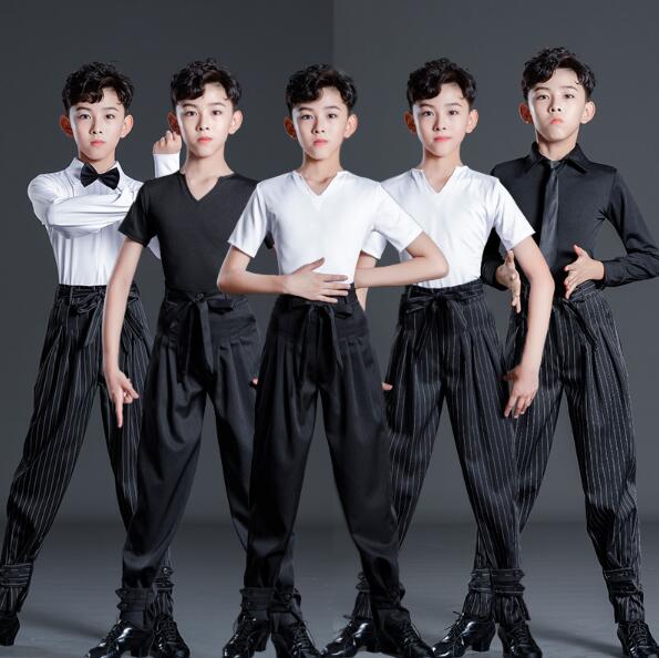 子供ラテンダンス衣装 男の子 ラテンダンス服 Vネックtシャツ ストライプ柄パンツ 上下セットアップ 長袖/半袖 男の子 ラテンダンス服 舞台演出服 社交ダンス 練習着 競技用 発表会 イベント