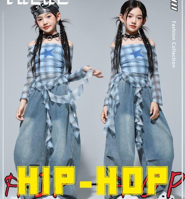 Rakuten - オシャレ キッズ ダンス衣装 ゆったりデニムパンツ 飄逸な帯付きtシャツ 女の子ダンス服 子供服 単品/2点セットアップ ヒップホップ ジャズ キッズ ダンス衣装チアガール K-POP 子供 ファッション 120-180cm