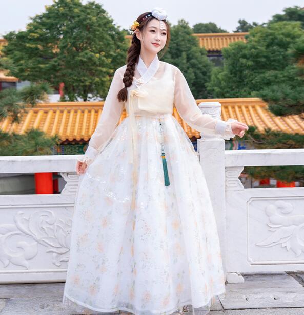乐天商城 - チマチョゴリ 韓服 朝鮮族 衣装 レディース 韓国服 美品 ロングドレス フレア袖 花柄 韓国宮廷風衣装 伝統的な朝鮮族服 写真撮影 コスチューム コスプレ イベント ハロウィン クリスマス コスプレ衣装 学園祭 文化祭 撮影衣装