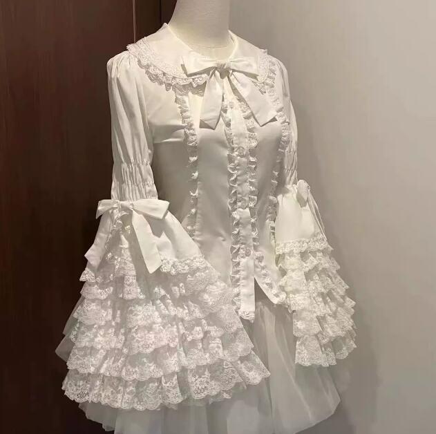 Rakuten - ロリータ シャツ 長袖 ロリータブラウス Lolitaトップスブラウス 広袖姫袖 可愛いデザイン レディース 重ね着 萌え ゴスロリ ホワイト ブラック 大きいサイズ リボンレース アクセント 文化祭 学園祭 衣装 仮装 ハロウィン
