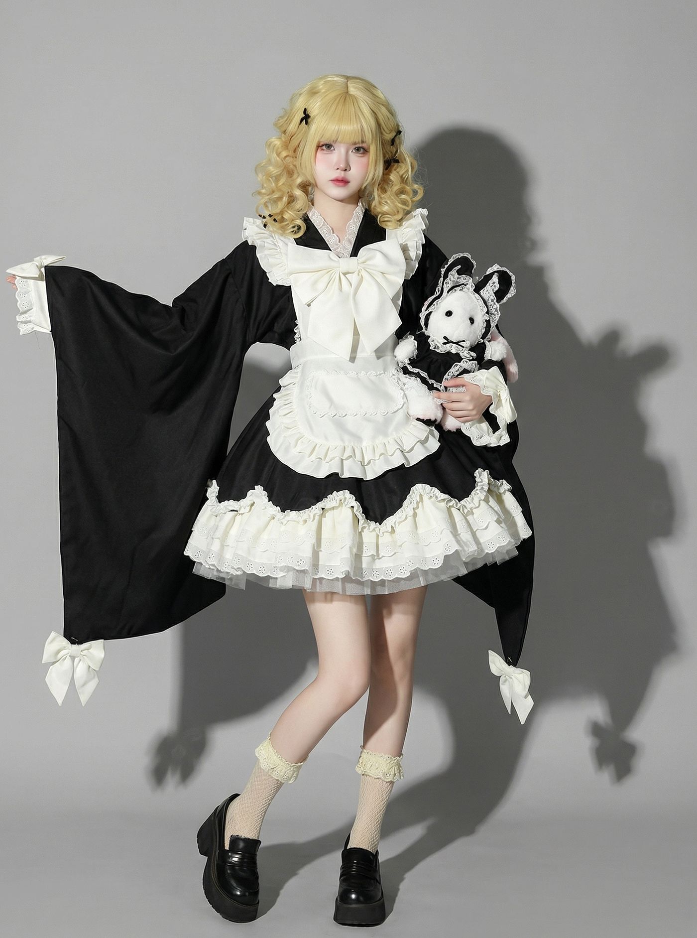 Other - メイド服 振袖 ロリータワンピース リボン レース レディース和風メイドドレス 膝上丈 メイドワンピース 大人 コスチューム コスプレ ロリータ ワンピース メイド喫茶 cosplay エプロン 可愛いリボン付き ワンピ 仮装