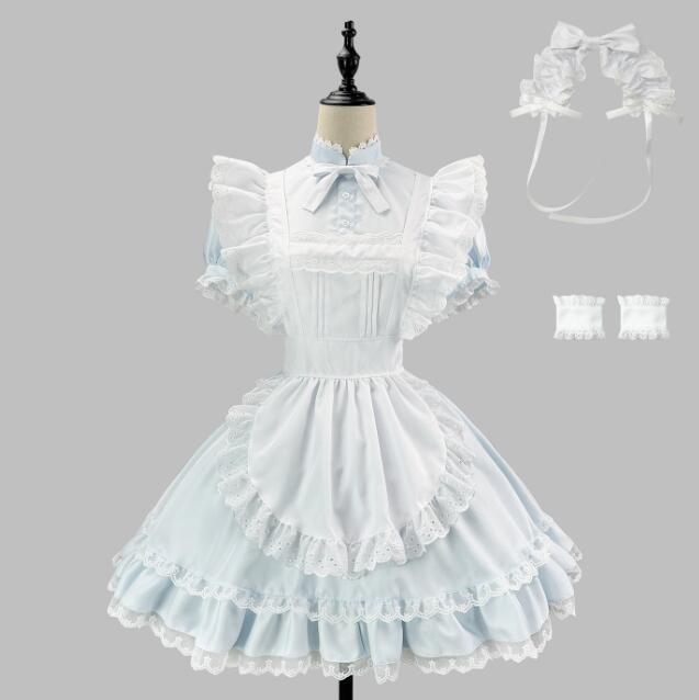 Rakuten - メイド服 半袖ロリータワンピース エプロン リボン レース 3点セット レディース 膝上丈 メイドワンピース ブルー ピンク大人 大きいサイズ コスチューム コスプレ メイド喫茶 cosplay エプロン 可愛いリボン付き ワンピ 仮装