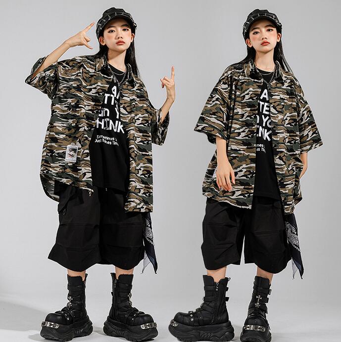 子供 ダンス衣装 2点/3点セット breaking 迷彩柄半袖シャツ 羽織 ハーフパンツ 中の半袖tシャツ キッズヒップホップジャズダンスウェア 男女兼用 hiphopjazzダンス服　舞台演出服 ステージ演出服　社交ダンス衣装　キッズダンス衣装　コスチューム