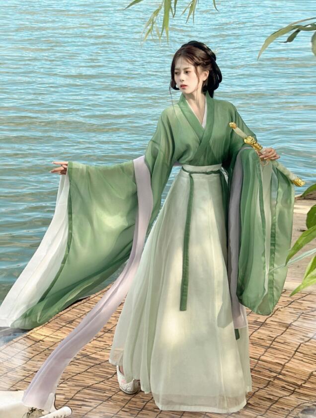 唐装漢服 レディース古典美人漢服 振袖 魏晋風 漢服 3点セットアップ グリーン パープル 仙侠風 大人華流ステージコスプレ衣装 中国古代宮廷風コスプレ衣装 学園祭 パーティー 写真撮影