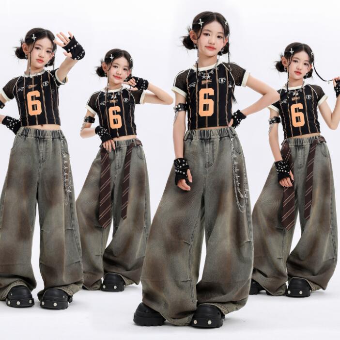 Girls' Hip Hop Jazz Dance Costume: Short-Sleeved T-Shirt, Loose Denim Pants, Jeans, Girl Group Style, Jazz, Street, Kids Stage Costume, Performance Costume, Cheer Dance, Performance Outfit, Kids JZAA Hip Hop Popping Locking Dance Pants