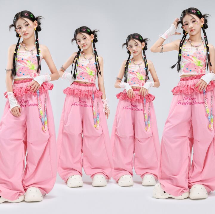 女の子 ヒップホップダンス衣装 ピンク系ジャズダンスウェア 花柄 ビーズキャミソールタンクトップ ゆったり ヒップスカーフパンツ キッズ jazz hiphop locking popping チアガール 学園祭 体育祭 舞台演出服