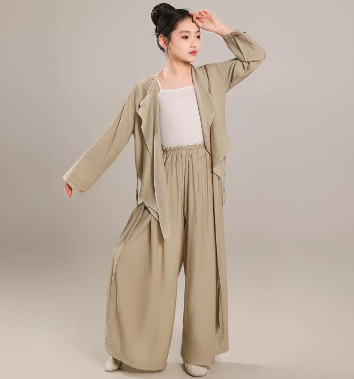 子供 古典ダンス衣装 3点セット レディース/女の子バレエダンス衣装 モダンダンスウェア ゆったりガウチョパンツ イレギュラー羽織 優雅な舞台演出服 中華民族古典舞踊 古典漢服 演出服舞台 ステージ衣装