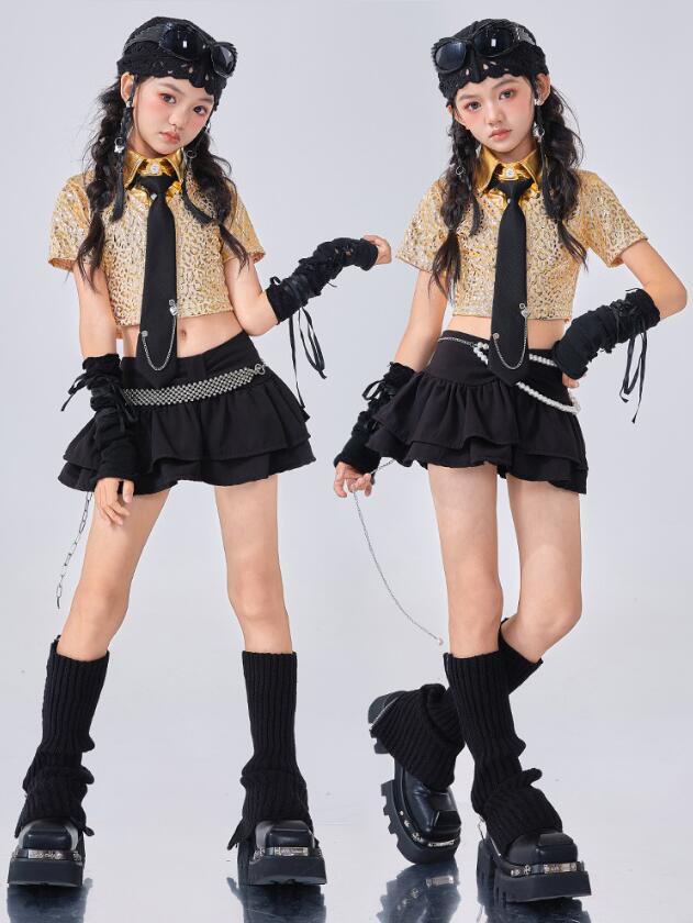 子供ダンス衣装 ゴールド半袖シャツ フリルスカート 女の子ヒップホップジャズダンスウェア 3点/5点セット 光沢 イベント カジュアル女の子jazzhiphopジャズダンスウェア イベント　キッズ舞台演出服　ステージダンスウェア