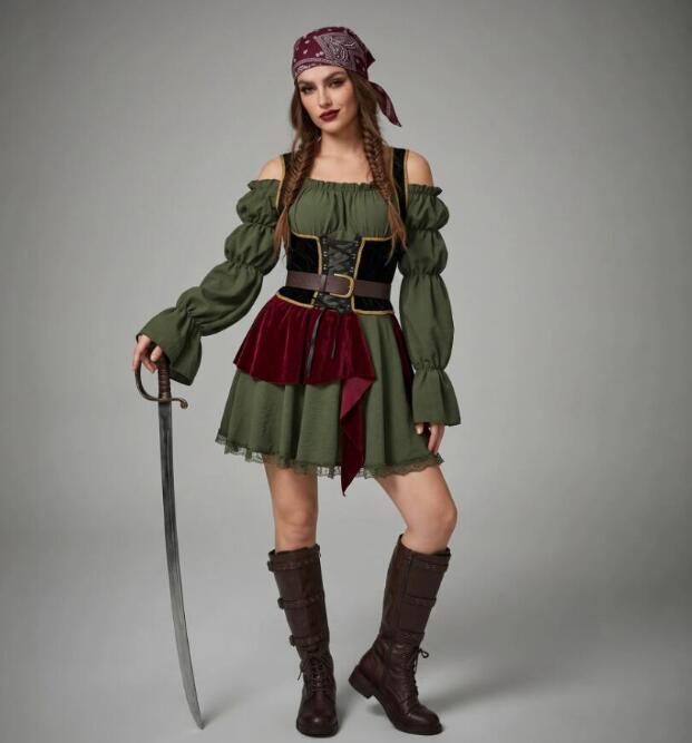 ハロウィン コスプレ 衣装 3点セット レディース 海賊 変装仮装 海賊ドレス 変身仮装 大人 魔法使い 中世仮装 舞台劇 オペラ 演出服 女性 Halloween こすぷれ ボートネックドレス yamadasyouji-10009801 yamadasyouji パッケージ画像