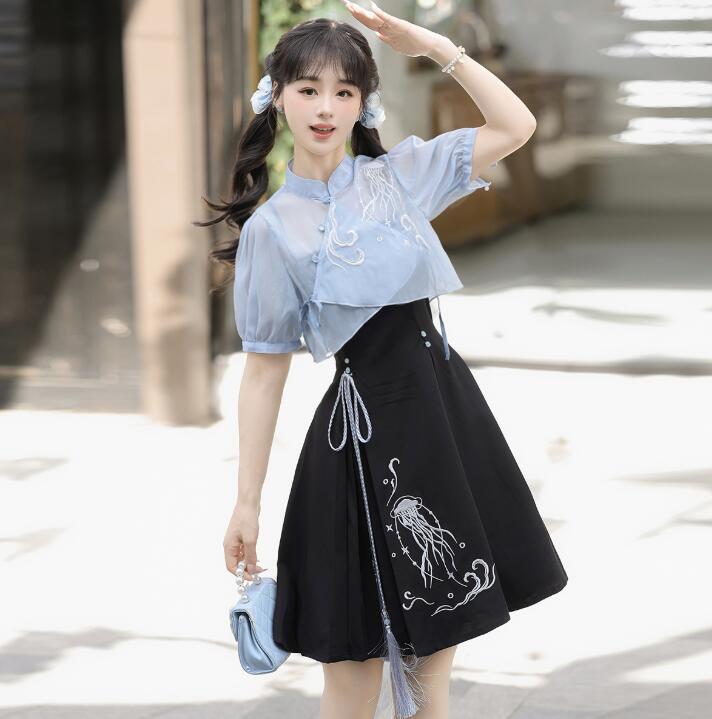 レディース 中華風 ロリータワンピース 2点セット 半袖ロリータ風 改良漢服 キャミソールチャイナドレス マント チャイナボタン フリンジ ハロウィン コスプレ衣装 清楚 漢元素 ドレス 古風 コスチューム