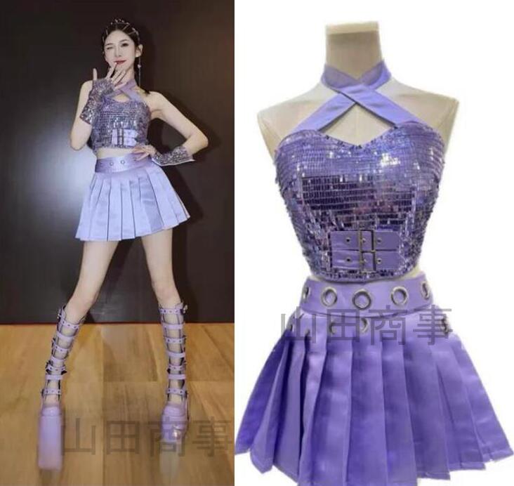 大人ジャズダンス衣裳 胸元に紫のスパンコール付きトップス インナーパンツ付きプリーツスカート レディース ヒップホップダンスウェア 練習用 KPOP HIPHOP 韓国風 レッスン着　jazz dance 発表会 練習着 エレガント