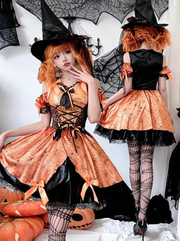カボチャハロウィン コスプレワンピース 魔女コスチューム 蜘蛛柄 レディース 胸元にスパンコール付きロリータワンピース ロリータ風 帽子あり ウエストリボン cosplay 変装仮装 パーティー yamadasyouji-10010083 yamadasyouji パッケージ画像
