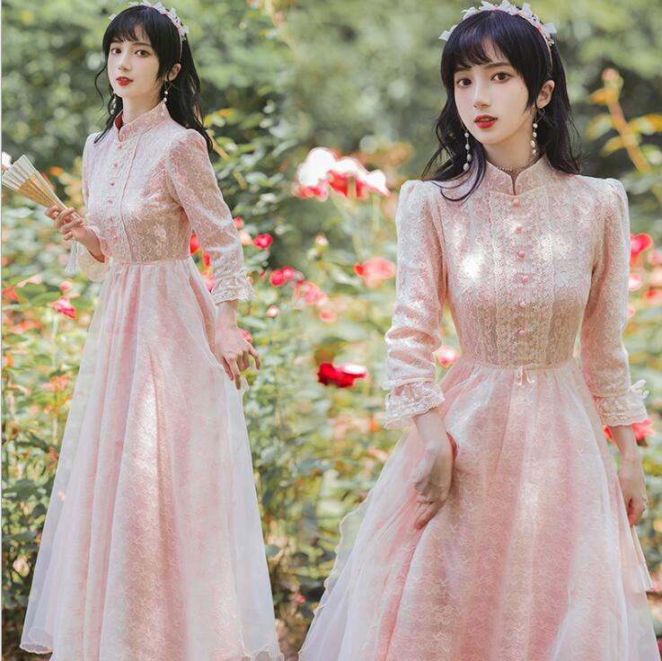 マキシ丈ワンピース 復古ワンピース 改良チャイナドレス 中華服 ワンピース 長袖 ワンピースチャイナ服..