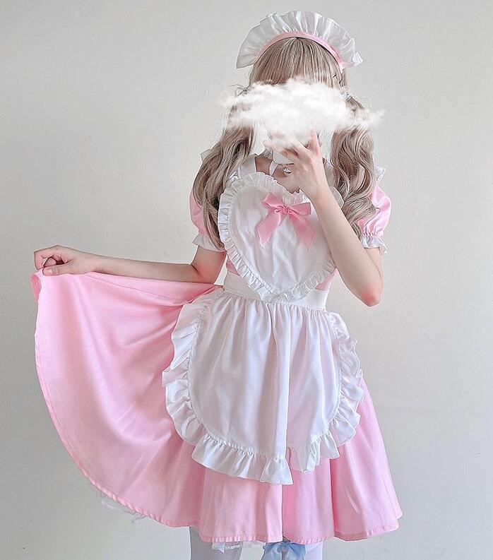 メイド服 ハロウィン ワンピース コスプレ衣装 レディース 大人 女子 学生 可愛い 4色メイドドレス 膝丈 ワンピース ショート丈 半袖 裾フリル エプロン ロリータ カチューシャ ネック飾り 萌え萌え コスチューム3点セット お姫様 ゴスロリ＆ロリータドレスウェイレス 仮装