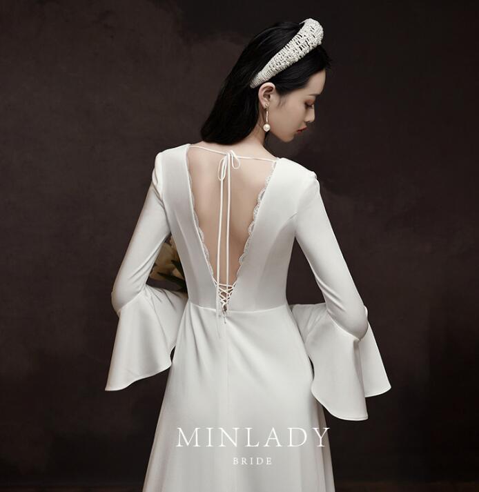 ウエディングドレス マキシ丈 フリル袖 ロング丈 フォマール ドレス ウェディングドレス シンプル 結婚式 二次会 披露宴 花嫁 ドレス パーティー ドレス Vネック ドレス 発表会 演奏会 お呼ばれ レディース 大人　長袖 背中セクシー 美シルエット マキシ丈ワンピース
