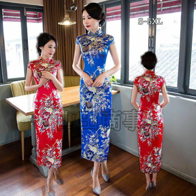 レディースチャイナドレス 改良ドレス 中華服 マキシ丈ワンピース 花柄半袖 ドレスパーティー二次会 同..