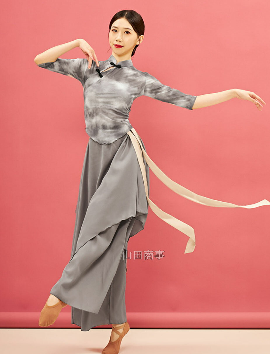 古典ダンス衣装セットアップ 中国踊り ガウチョパンツ リボン付き レッスン着 チャイナボタントップス..