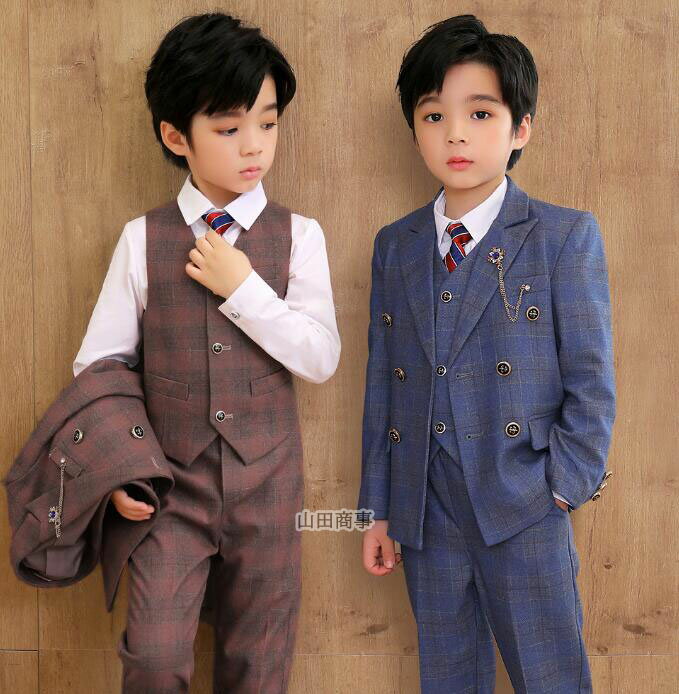 子供のスーツセット 男の子秋冬スーツ 紳士服 子供スーツセットアップ 春秋 男子の礼服 チェック柄 コート+ベスト+パンツ3点セット/ベスト+コート+シャツ+パ...