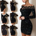 レディースドレス 欧米風ドレス セクシー大人ワンピース dress レース付き 細身 パーティードレス 11色 カラオケ衣装 ミニワンピース スパンコール付き ...