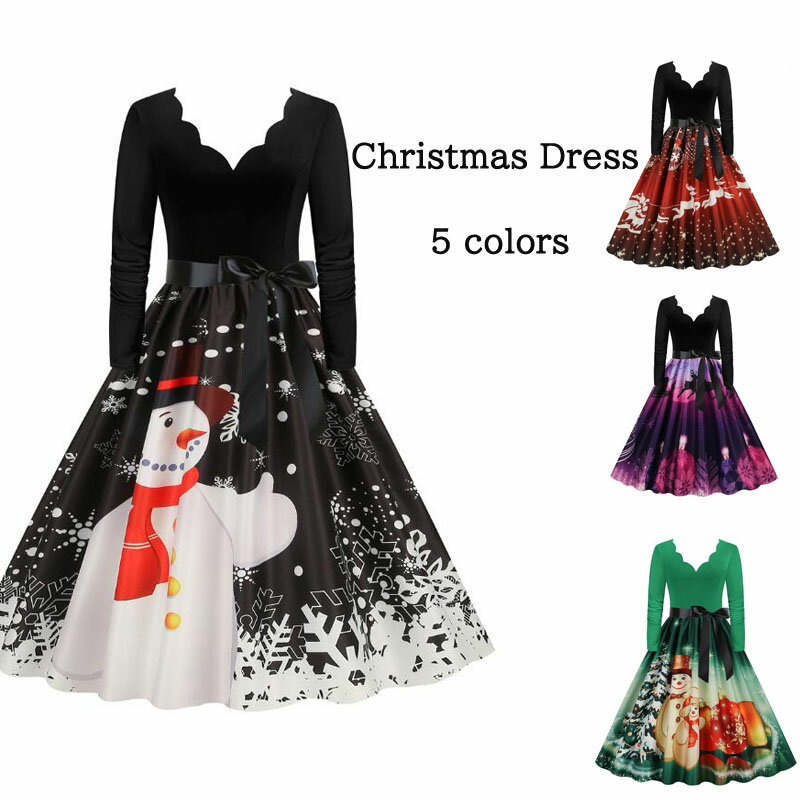 長袖Vネックドレス レトロドレスワンピース クリスマスドレス 5色 ワンピース コスプレドレス Christmas Dressコスプレ衣装 変身仮装 ロング丈ドレス ダンスウェア サンタ トナカイ ポインセチア パーティードレス 舞台演出 仮装変装 大きい裾ワンピース 団体服 S-3XL