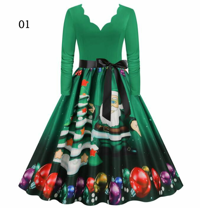 クリスマスワンピース 長袖ドレス レトロドレス　膝下丈ドレス 5色 ワンピース コスプレドレス Christmas　Dressコスプレ衣装 変身仮装 ロング丈ドレス ダンスウェア サンタ トナカイ ポインセチア　パーティードレス 舞台演出　仮装変装 大きい裾ワンピース 団体服 S-3XL