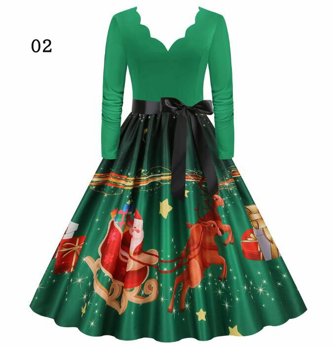 クリスマスワンピース 長袖ドレス レトロドレス　膝下丈ドレス 5色 ワンピース コスプレドレス Christmas　Dressコスプレ衣装 変身仮装 ロング丈ドレス ダンスウェア サンタ トナカイ ポインセチア　パーティードレス 舞台演出　仮装変装 大きい裾ワンピース 団体服 S-3XL