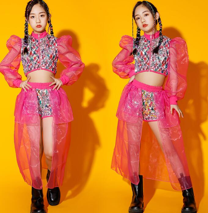 女の子ダンス衣装 ジャズダンス スパンコール 女の子トップス＋ショートパンツ2点セット 女の子 合唱団団体服 長袖トップス ジャズダンス衣装 ヒップホップ 学園祭イベント舞台ステージ衣装 演出服謝恩会 発表会 演奏会イベント 120cm 130cm 140cm 150cm 160cm 170cm