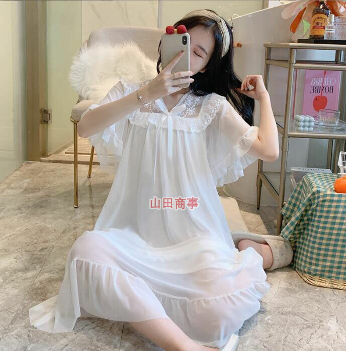 ネグリジェ 姫系 ロング丈 ネグリジェドレス ワンピースパジャマ 優雅 Vネック 半袖レース ワンピース ..