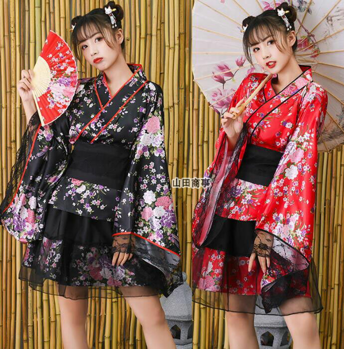コスプレ 着物 花魁 可愛いドレス レディース メイド服 花柄 ドレス フリルワンピース レース切り